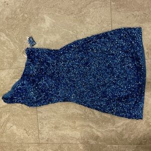 One shoulder dress, blue sparkle detailing, intricate back, mini dress.
